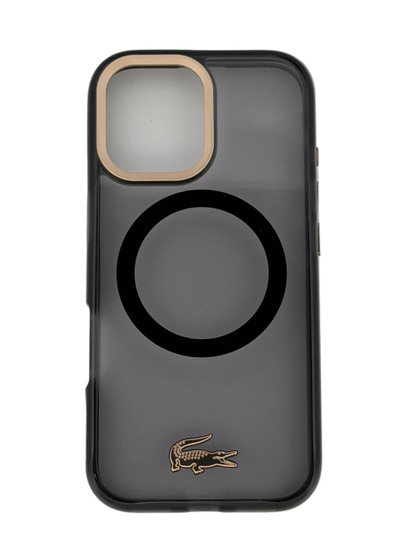 Lacoste Frosted Finish Transparent Black with Gold Edge Case for iPhone 17 - MagSafe Compatible